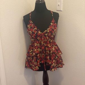 Fate Red Floral Strappy Peplum Ruffle Blouse Romantic Size S